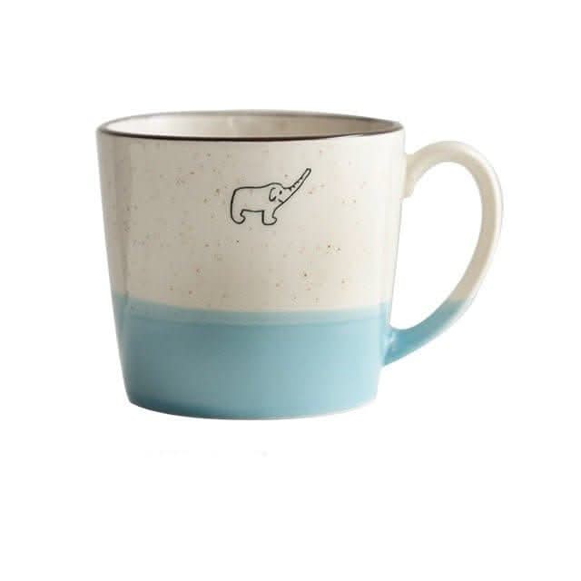 Japan imported Minoyaki Elephant Mug, ceramic, white with speckled finish and blue base